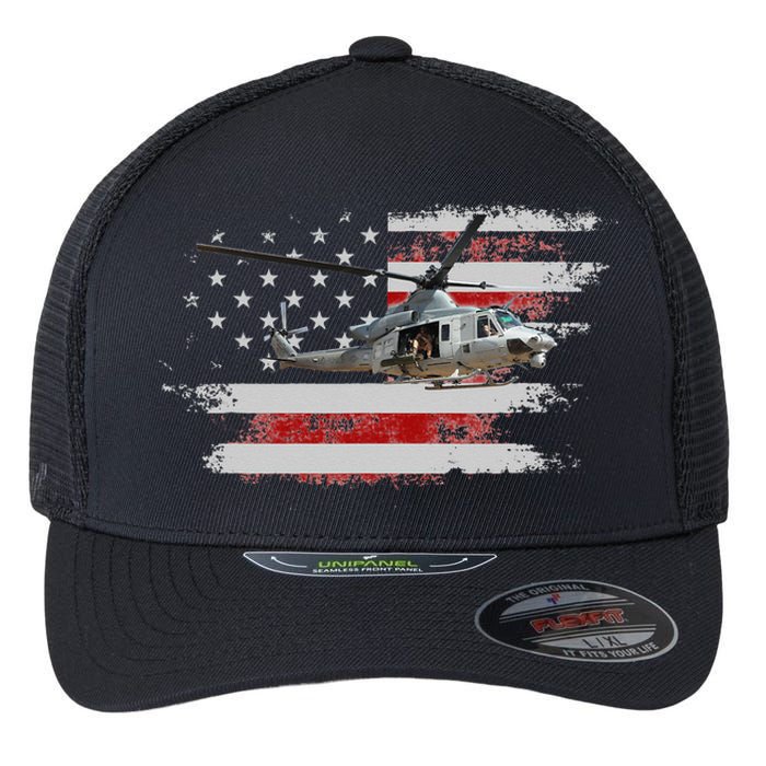 UH1 Huey Helicopter USA American Flag Helicopter Pilot Gifts Flexfit Unipanel Trucker Cap