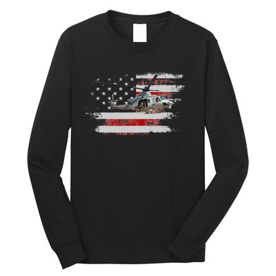 UH1 Huey Helicopter USA American Flag Helicopter Pilot Gifts Long Sleeve Shirt