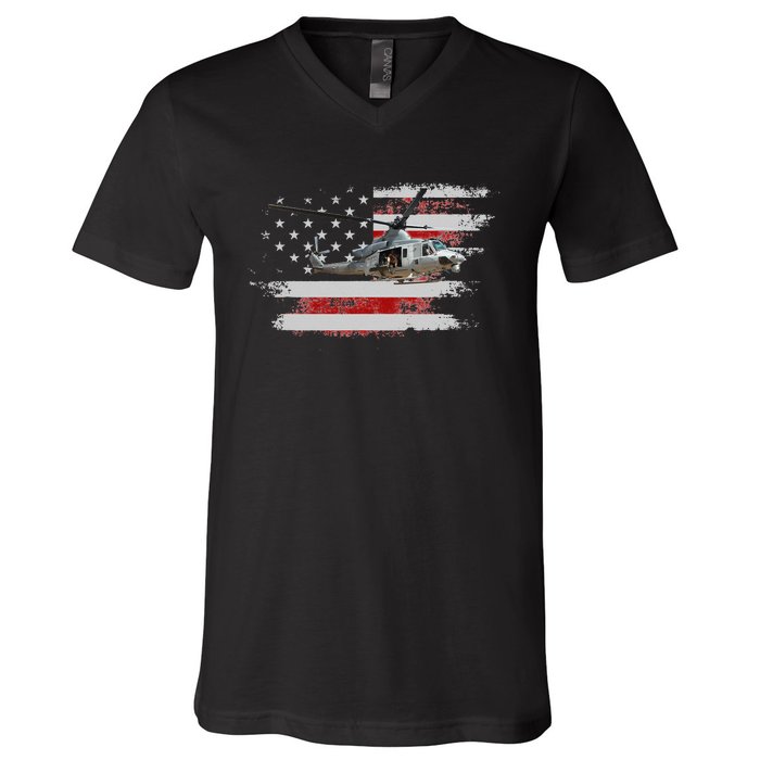 UH1 Huey Helicopter USA American Flag Helicopter Pilot Gifts V-Neck T-Shirt