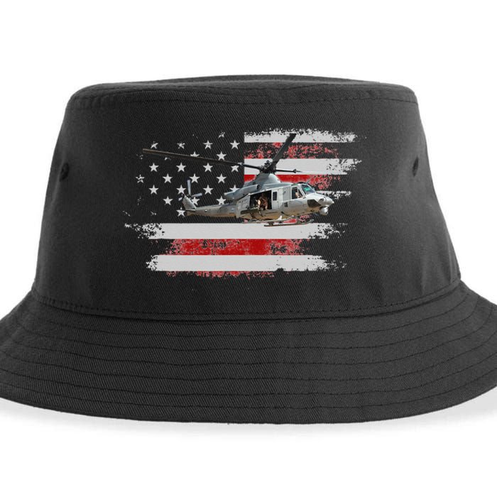 UH1 Huey Helicopter USA American Flag Helicopter Pilot Gifts Sustainable Bucket Hat