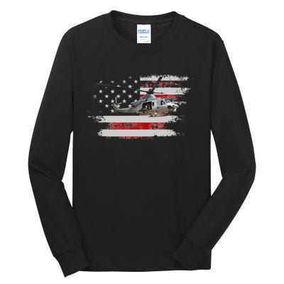 UH1 Huey Helicopter USA American Flag Helicopter Pilot Gifts Tall Long Sleeve T-Shirt