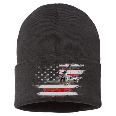 UH1 Huey Helicopter USA American Flag Helicopter Pilot Gifts Sustainable Knit Beanie