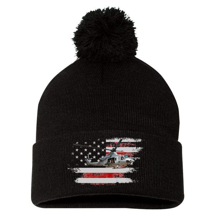 UH1 Huey Helicopter USA American Flag Helicopter Pilot Gifts Pom Pom 12in Knit Beanie