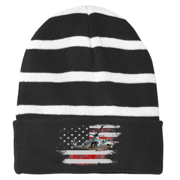 UH1 Huey Helicopter USA American Flag Helicopter Pilot Gifts Striped Beanie with Solid Band