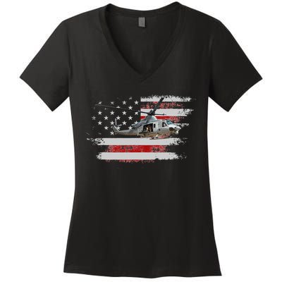 UH1 Huey Helicopter USA American Flag Helicopter Pilot Gifts Women's V-Neck T-Shirt
