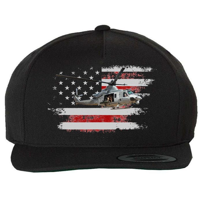 UH1 Huey Helicopter USA American Flag Helicopter Pilot Gifts Wool Snapback Cap