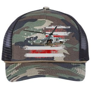 UH1 Huey Helicopter USA American Flag Helicopter Pilot Gifts Retro Rope Trucker Hat Cap