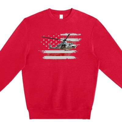 UH1 Huey Helicopter USA American Flag Helicopter Pilot Gifts Premium Crewneck Sweatshirt