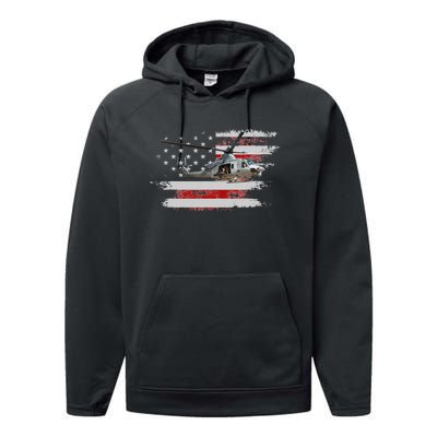 UH-1 Huey Helicopter American Flag Veteran Performance Fleece Hoodie