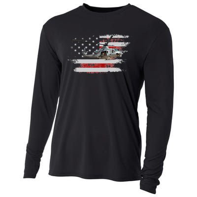 UH-1 Huey Helicopter American Flag Veteran Cooling Performance Long Sleeve Crew