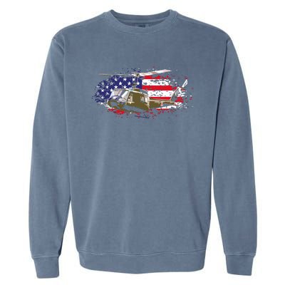 UH1 Huey Helicopter American Flag USA Pilot Vietnam Veteran Garment-Dyed Sweatshirt