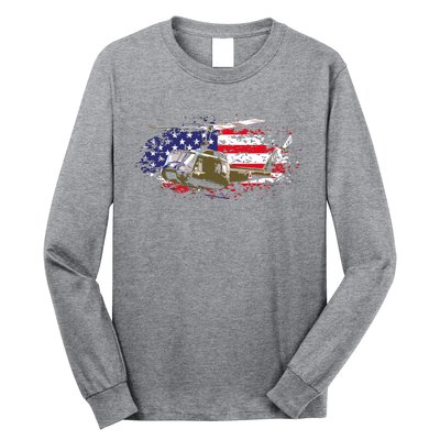 UH1 Huey Helicopter American Flag USA Pilot Vietnam Veteran Long Sleeve Shirt