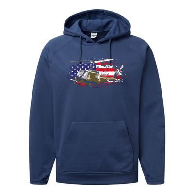 UH1 Huey Helicopter American Flag USA Pilot Vietnam Veteran Performance Fleece Hoodie