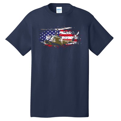 UH1 Huey Helicopter American Flag USA Pilot Vietnam Veteran Tall T-Shirt