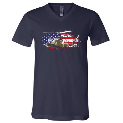 UH1 Huey Helicopter American Flag USA Pilot Vietnam Veteran V-Neck T-Shirt