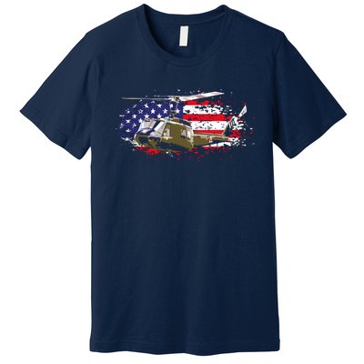 UH1 Huey Helicopter American Flag USA Pilot Vietnam Veteran Premium T-Shirt