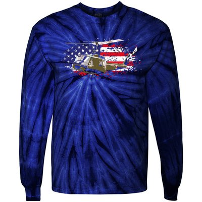 UH1 Huey Helicopter American Flag USA Pilot Vietnam Veteran Tie-Dye Long Sleeve Shirt