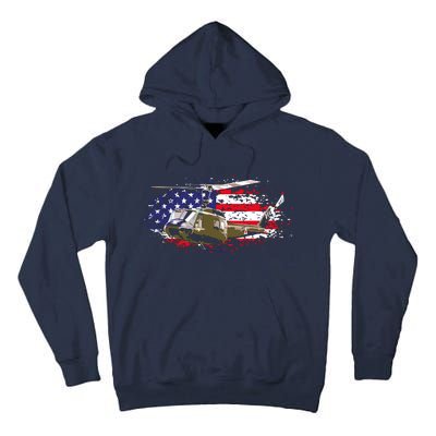 UH1 Huey Helicopter American Flag USA Pilot Vietnam Veteran Tall Hoodie