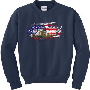 UH1 Huey Helicopter American Flag USA Pilot Vietnam Veteran Kids Sweatshirt