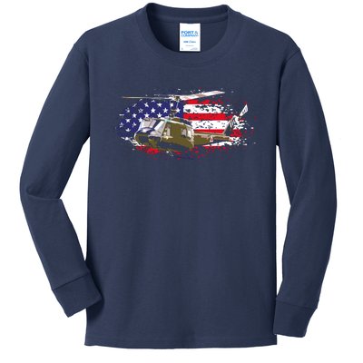 UH1 Huey Helicopter American Flag USA Pilot Vietnam Veteran Kids Long Sleeve Shirt