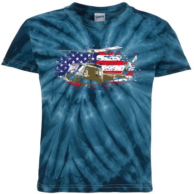 UH1 Huey Helicopter American Flag USA Pilot Vietnam Veteran Kids Tie-Dye T-Shirt