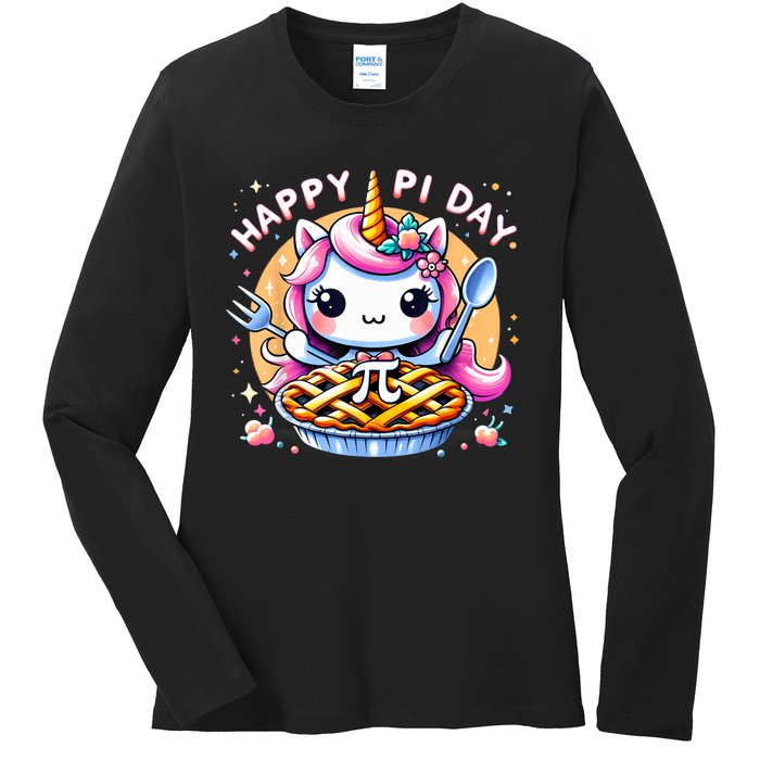 Unicorn Happy Pi Day Spiral Pi Math Funny Pi Day 3.14 Ladies Long Sleeve Shirt