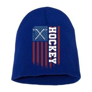 Us Hockey Player American Flag Hockey Sticks Ice Hockey Great Gift Short Acrylic Beanie