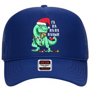 Un Holiday Tmeaningful Giftrex Dinosaur In Santa Hat Fa Ra Rawr Christmas Gift High Crown Mesh Back Trucker Hat