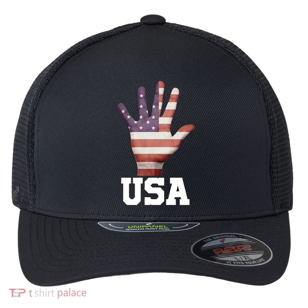 Usa Hand Up Flag Gift I Love Usa Travel Tee Gift Flexfit Unipanel Trucker Cap