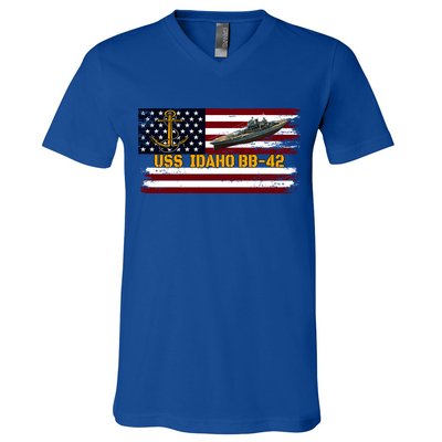 Uss Idaho Bbgift42 Ww2 Battleship Warship Veterans Day Father's Cool Gift V-Neck T-Shirt