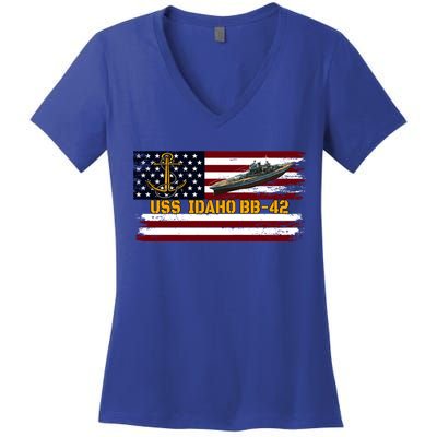 Uss Idaho Bbgift42 Ww2 Battleship Warship Veterans Day Father's Cool Gift Women's V-Neck T-Shirt