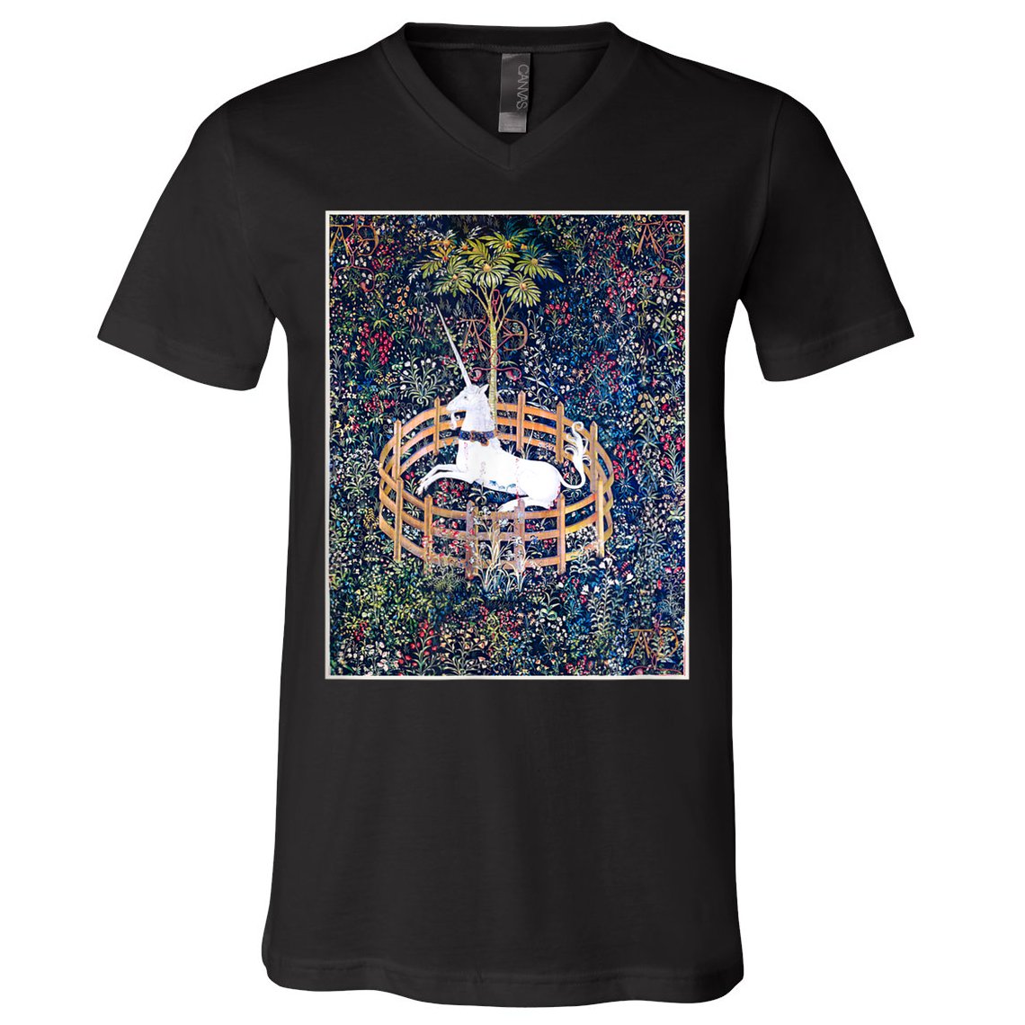 Unicorn In Captivity Medieval Renaissance Art Aesthetic V-Neck T-Shirt