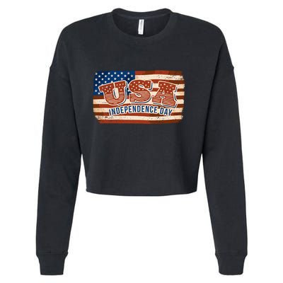 USA Independence Day Vintage Flag Cropped Pullover Crew