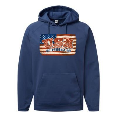 USA Independence Day Vintage Flag Performance Fleece Hoodie