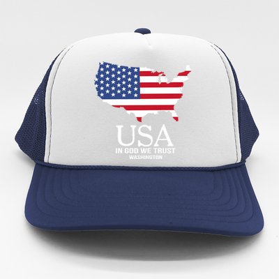 Usa In God We Trust Washington Map Flag Patriotic American Cool Gift Trucker Hat