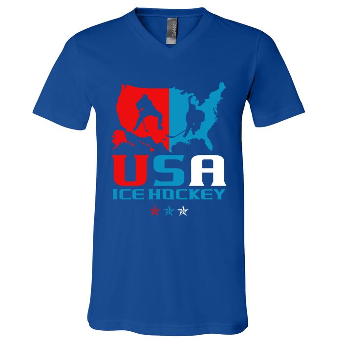 Usa Ice Hockey Independence Day American Flag Sports Gift V-Neck T-Shirt