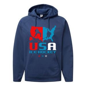 Usa Ice Hockey Independence Day American Flag Sports Gift Performance Fleece Hoodie