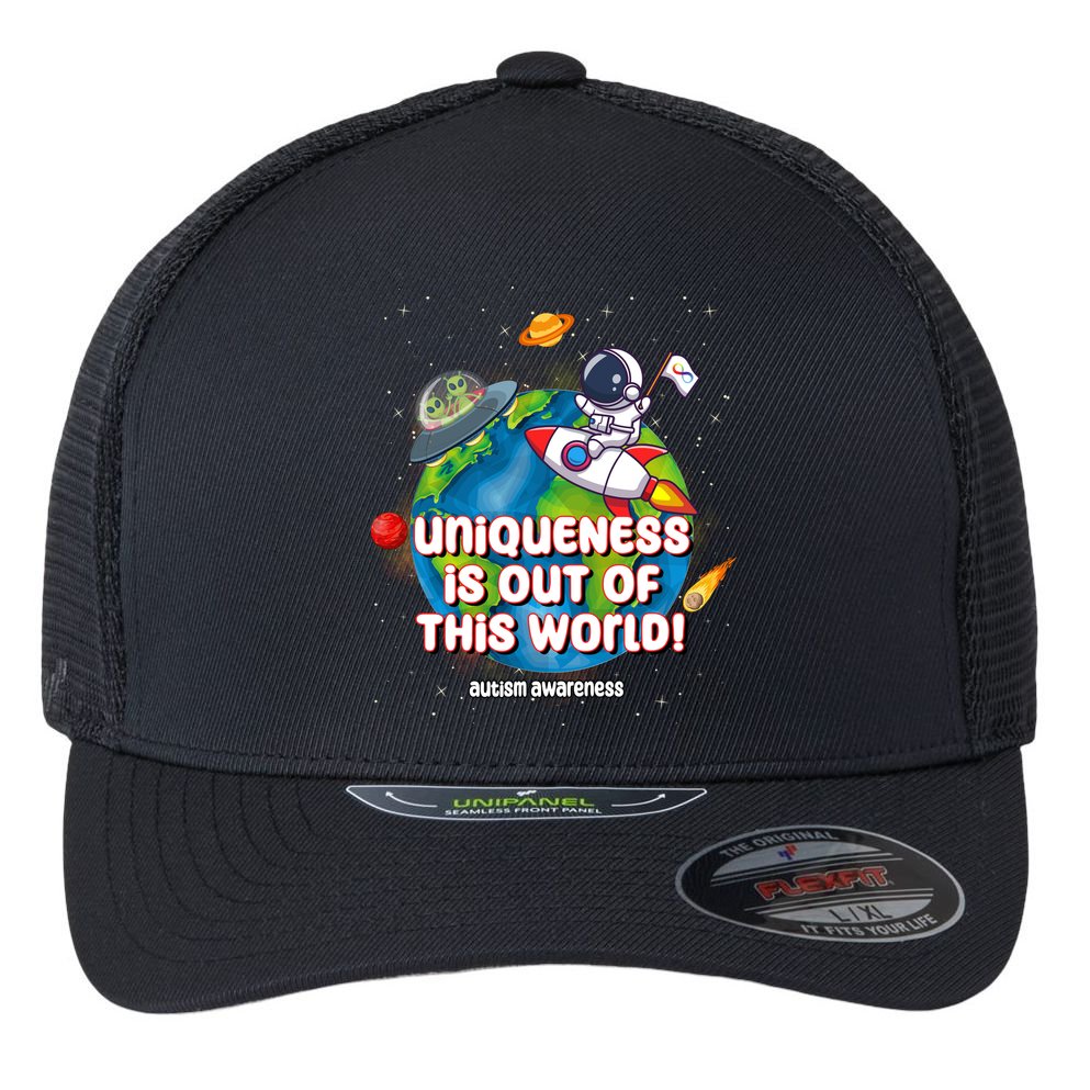 Uniqueness Is Out Of This World Autism Awareness Space Flexfit Unipanel Trucker Cap