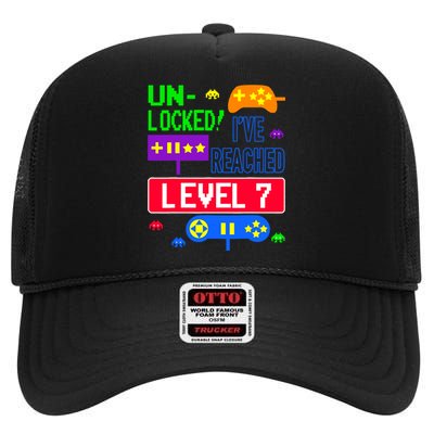 Unlocked Ive Reached Level 7 Arcade 7th Birthday Party Gift High Crown Mesh Back Trucker Hat