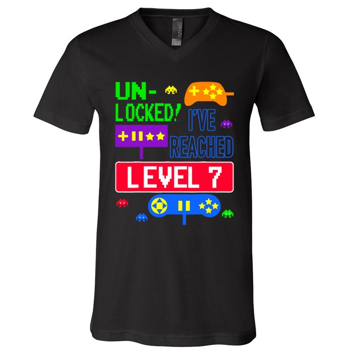 Unlocked Ive Reached Level 7 Arcade 7th Birthday Party Gift V-Neck T-Shirt