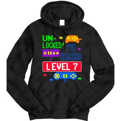 Unlocked Ive Reached Level 7 Arcade 7th Birthday Party Gift Tie Dye Hoodie