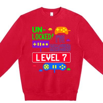 Unlocked Ive Reached Level 7 Arcade 7th Birthday Party Gift Premium Crewneck Sweatshirt