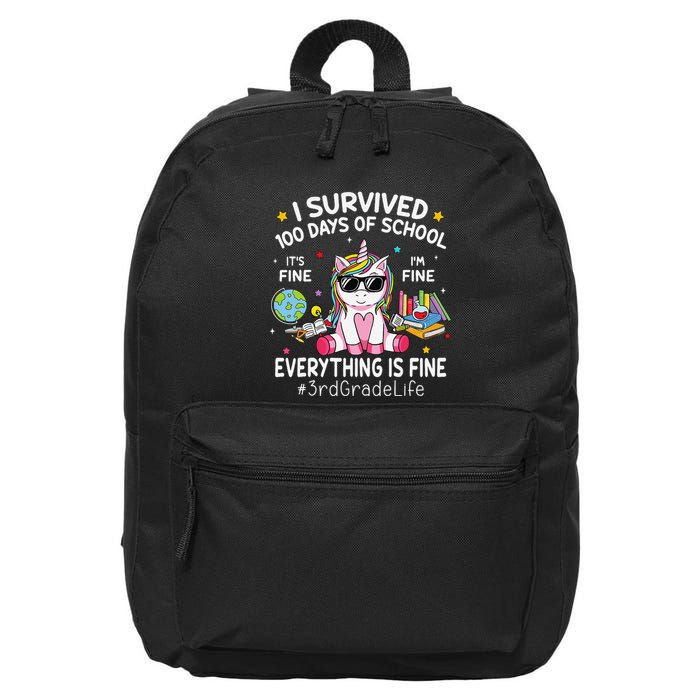 Unicorn I Survived 100 Days Of School Its Fine 3rd Grade 16 in Basic Backpack