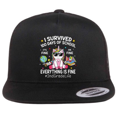 Unicorn I Survived 100 Days Of School Its Fine 2nd Grade Flat Bill Trucker Hat