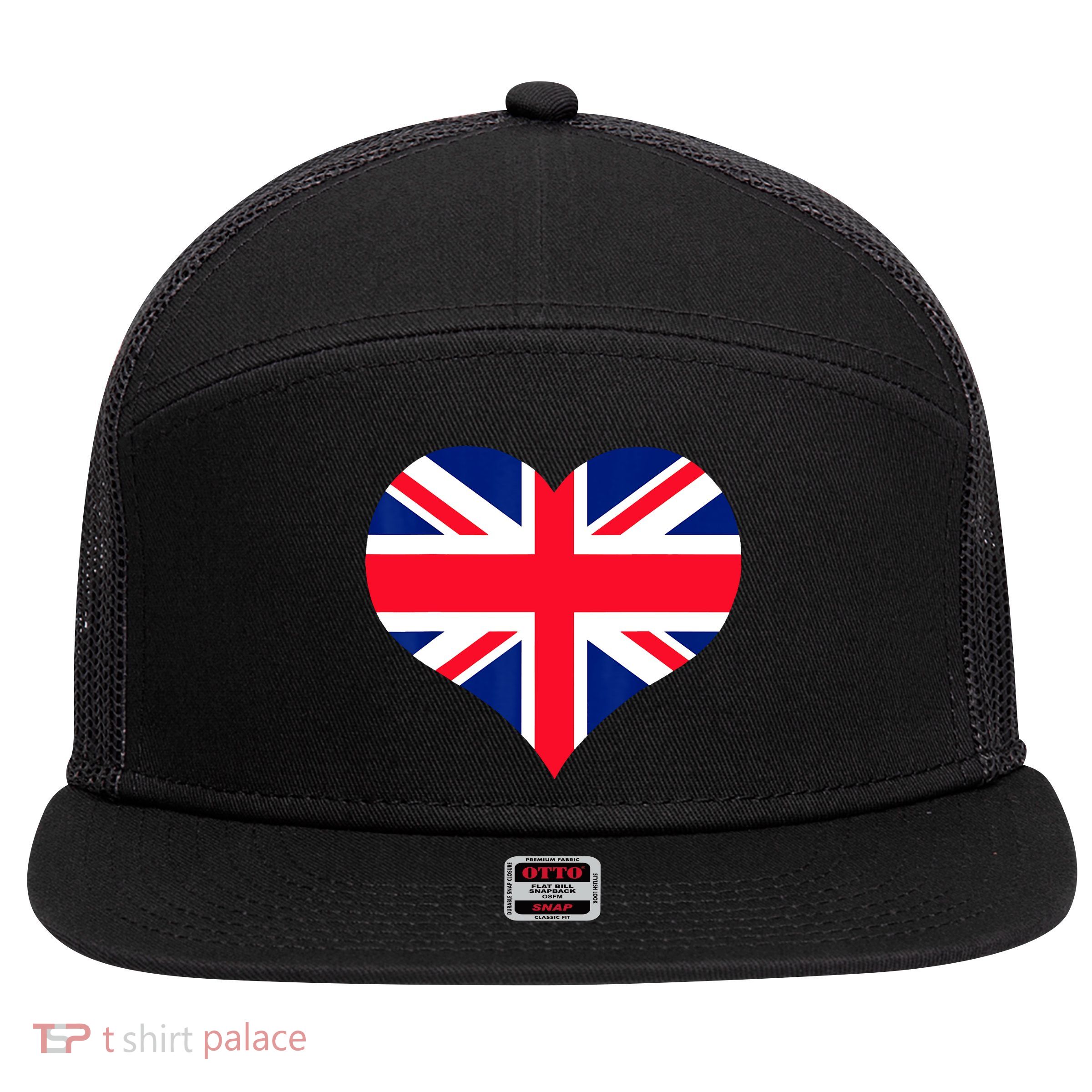 Union Jack British Flag Heart British Isles 7 Panel Mesh Trucker Snapback Hat