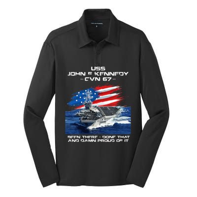 USS John F Kennedy CV 67 Aircraft Carrier Veteran USA Flag Silk Touch Performance Long Sleeve Polo