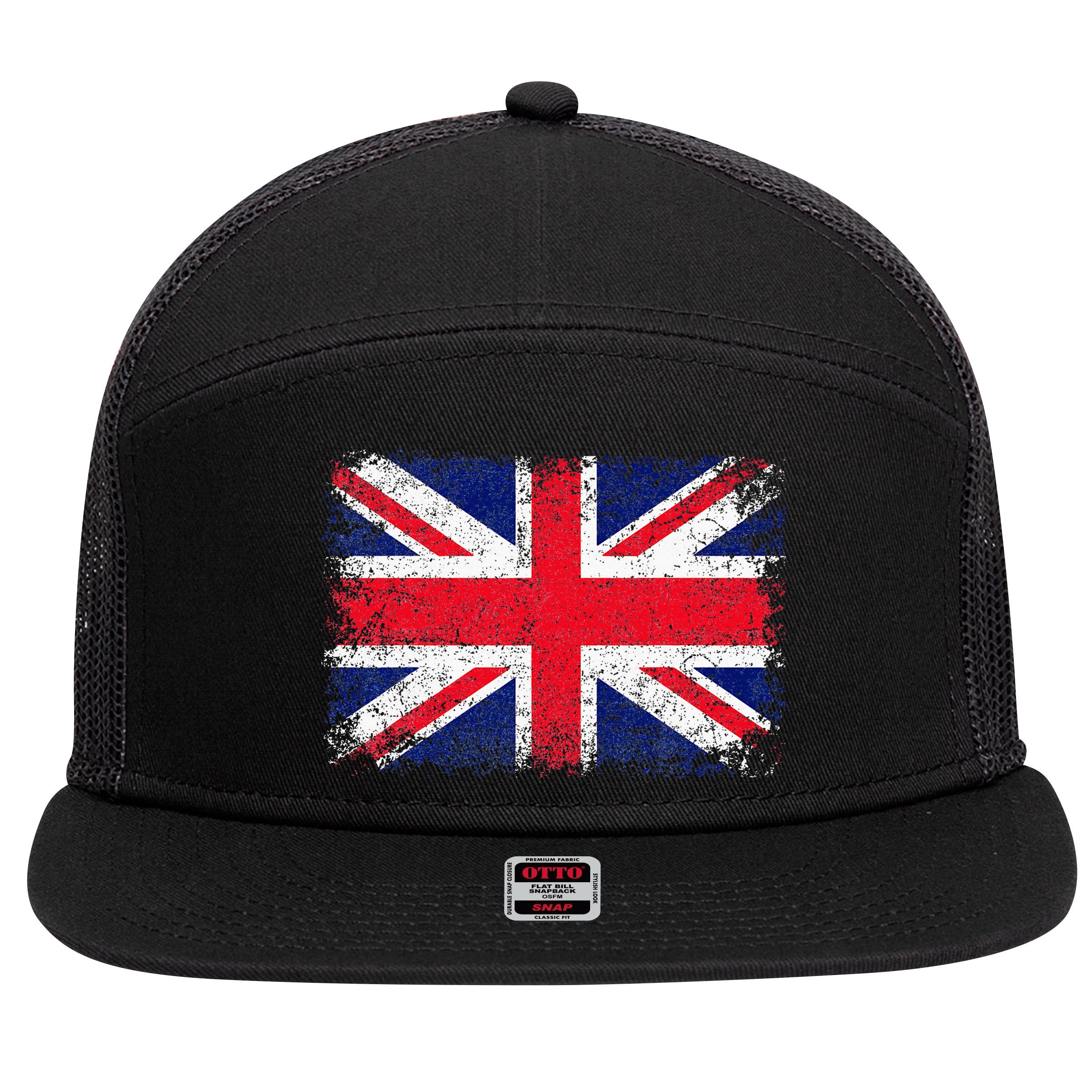 Union Jack Flag United Kingdom Great Britain England 7 Panel Mesh Trucker Snapback Hat