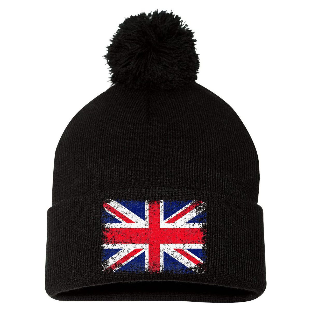 Union Jack Flag United Kingdom Great Britain England Pom Pom 12in Knit Beanie