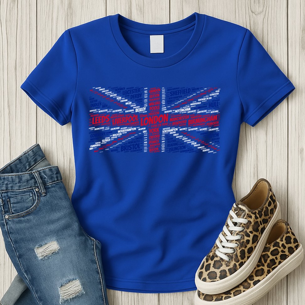 Union Jack With City Called Word Art Gift Womens T-Shirt