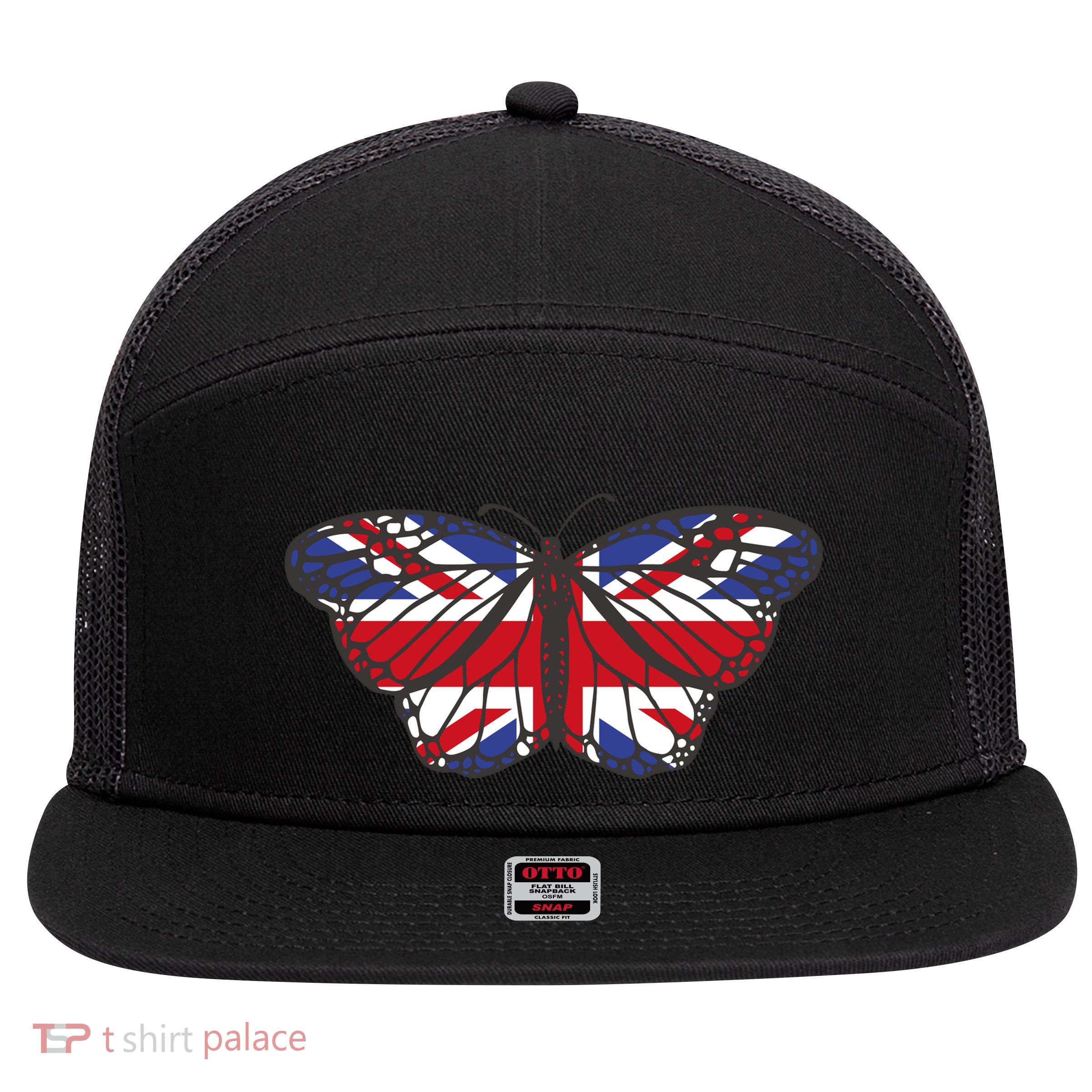 United Kingdom Flag Butterfly 7 Panel Mesh Trucker Snapback Hat